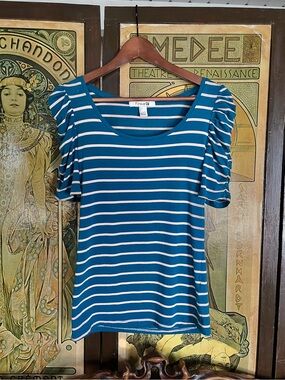 Forever 21 Teal and White Striped Scoop Neck Ruffle Sleeve Top